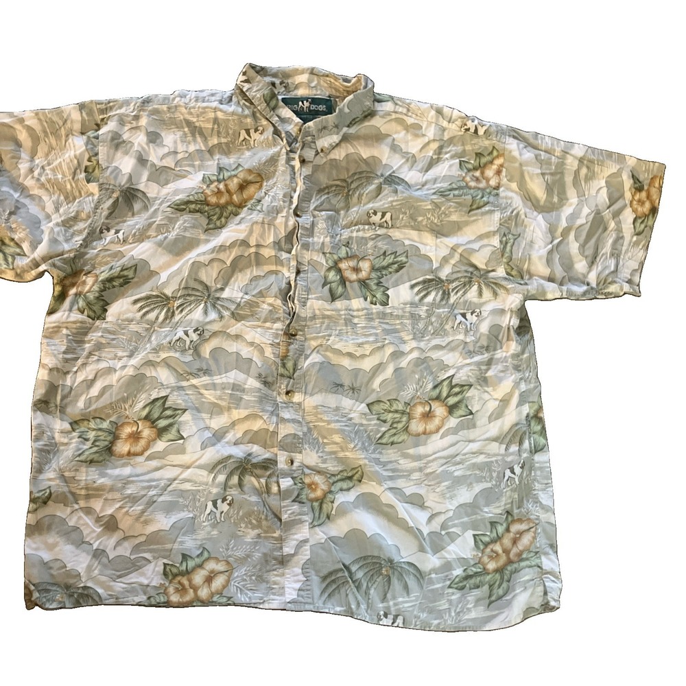 VTG 90's Hawaiian Shirt Cotton Big Dogs 3X Dog Hawiian Palms